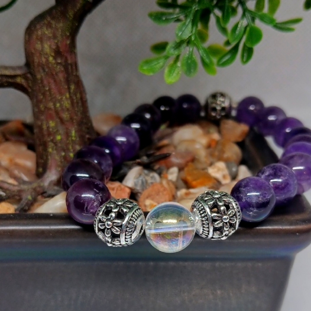 Amethyst and Aura Quartz Beaded Bracelet with Silver Accents